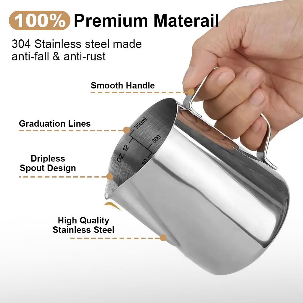 Supvox 12oz Milk Frothing Pitcher with Scale, Stainless Steel Espresso Milk Frothing Pitchers for Cappuccino Barista Steam Pitchers Milk Jug Cup with Decorating Pen Latte Art