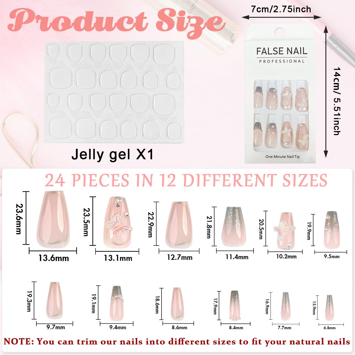 MAYCREATE® 24Pcs French Tip Press on Nails Almond Fake Nails Full Cover Nude with Butterfly Charm False Nails with Rhinestones Design Nails Reusable Artificail Nails for Women, No Glue, Style A