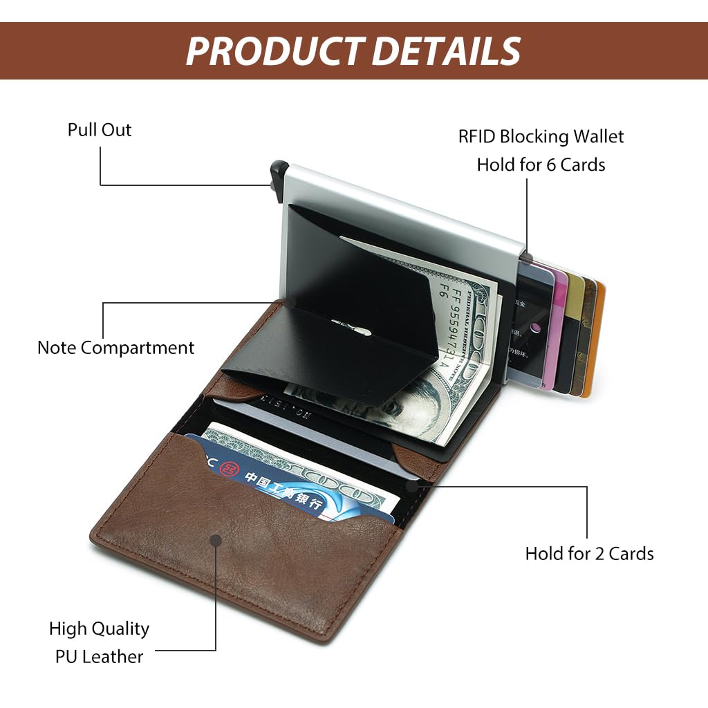 Zibuyu Slim Wallet for Men with RFID Blocking and Pop Up Card Chamber 3.74×2.55×0.59 in Brown