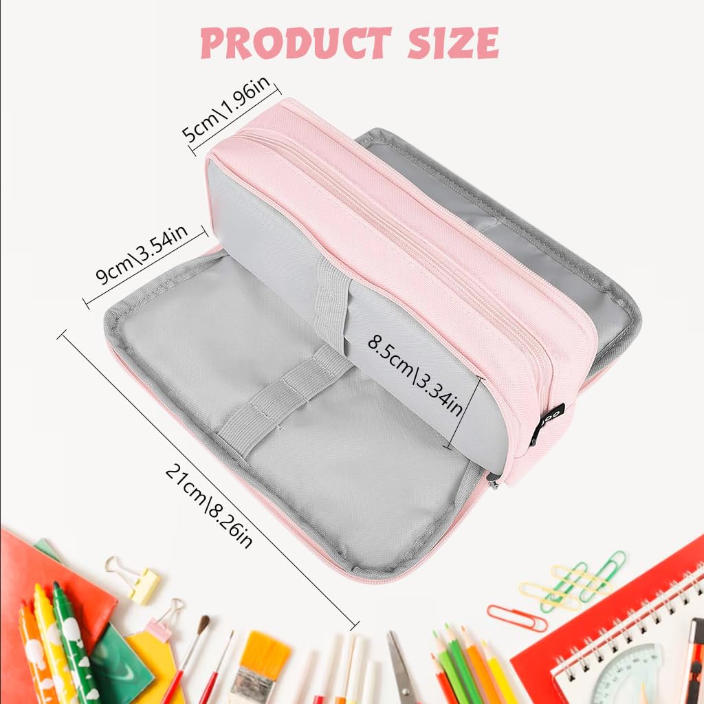 Zibuyu Pencil Box with Three Compartments and Smooth Zippers in Pink for Students | Oxford Cloth Stationery Pouch