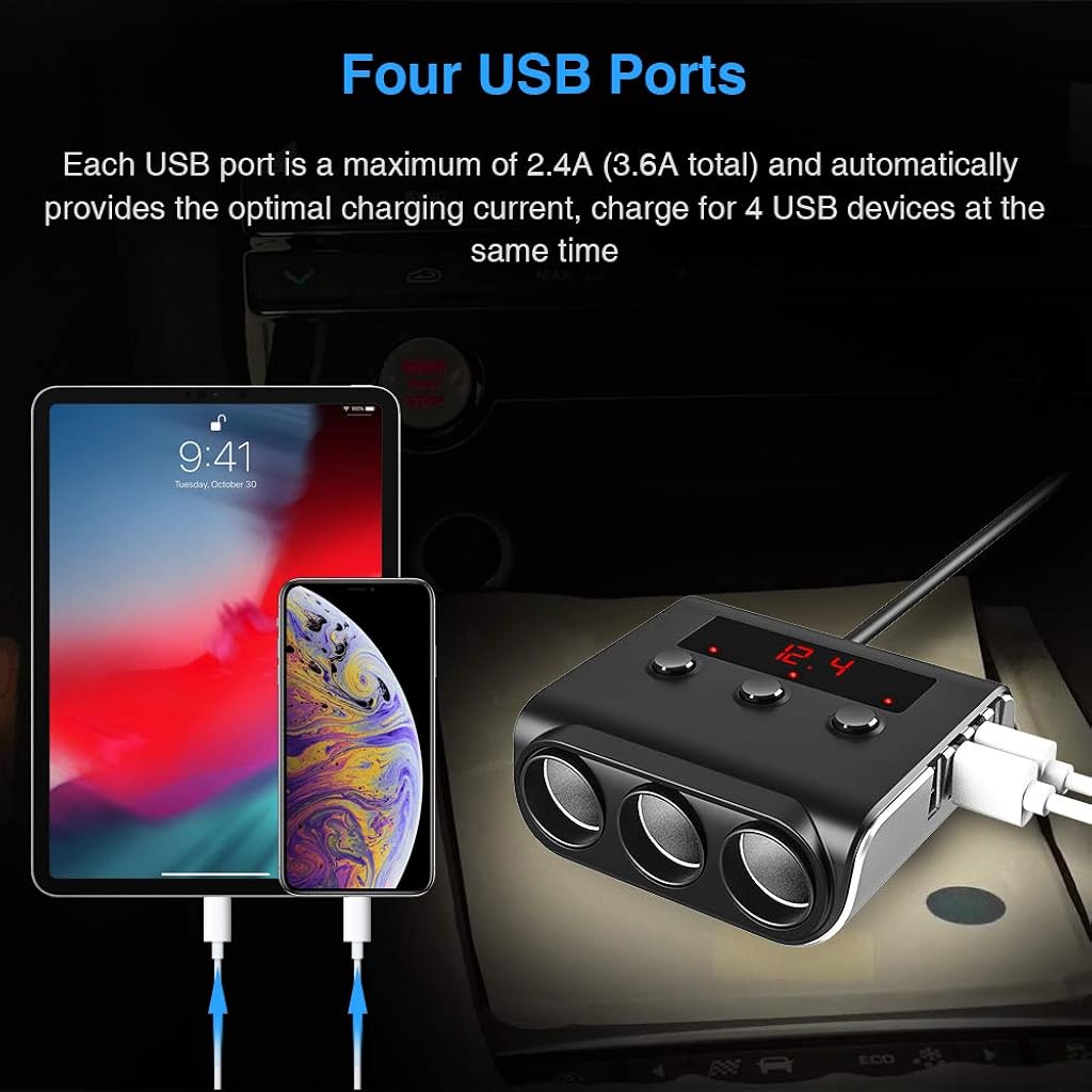 STHIRA® Car Charger, 100W 3-Stocket Cigarette Lighter Splitter with 4 USB Ports 12V/24V Car Lighter Adapter with Separate Switch LED Voltage Monitor Replaceable Replaceable 10A Fuse for GPS/Dash Cam/Phone
