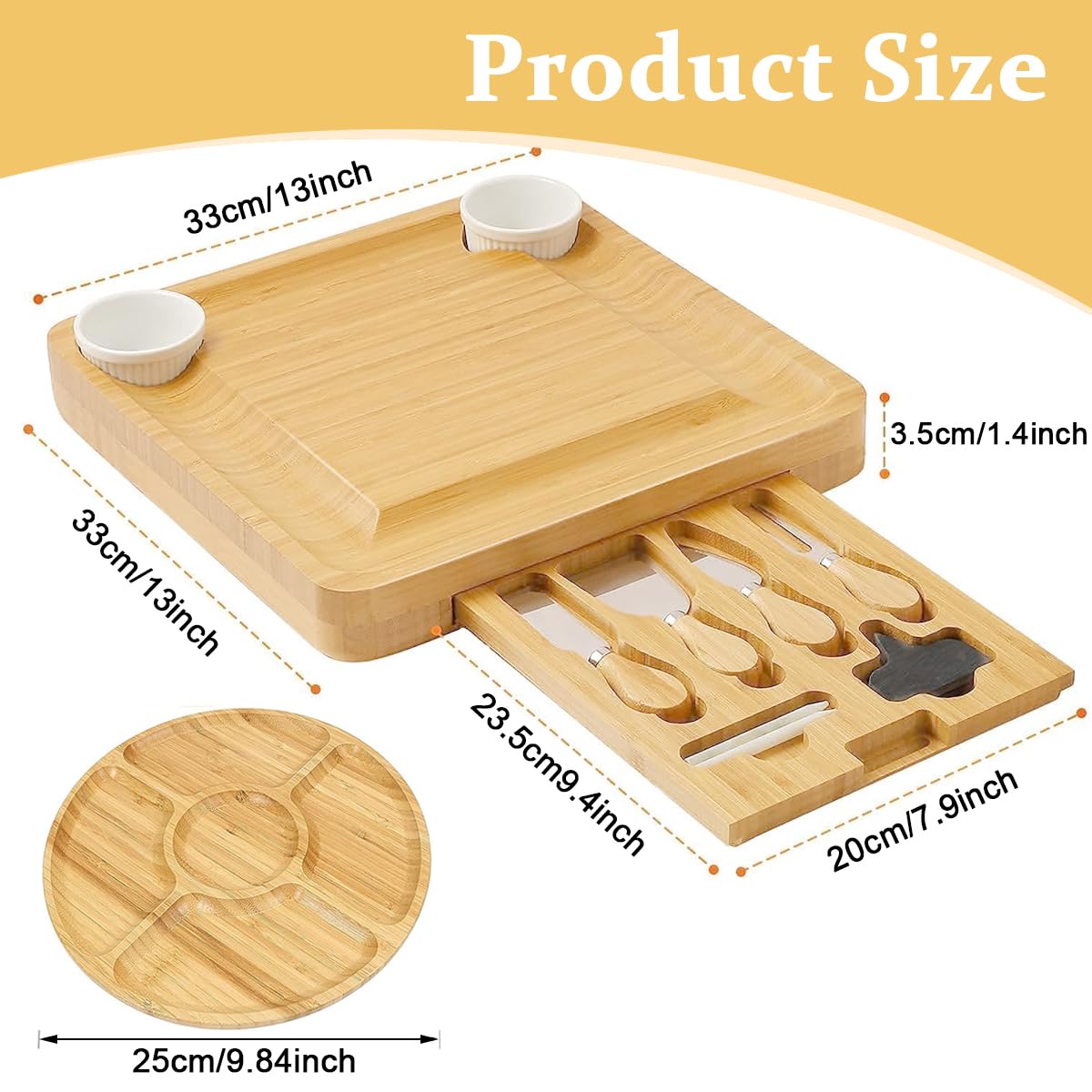 Supvox Bamboo Charcuterie Board Set for Parties with Knife Kit and Ceramic Bowls | 33cm Square Eco Serving Tray