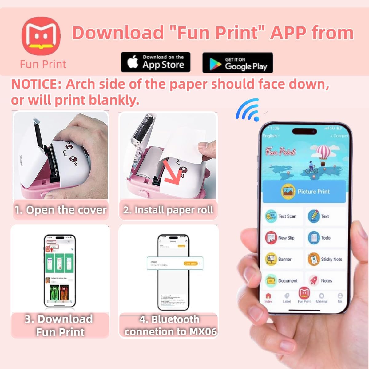 ZEITEL Portable Thermal Mini Printer for Mobile and Home Use with 200DPI Printing | Bluetooth Inkless Design for Students and Journaling