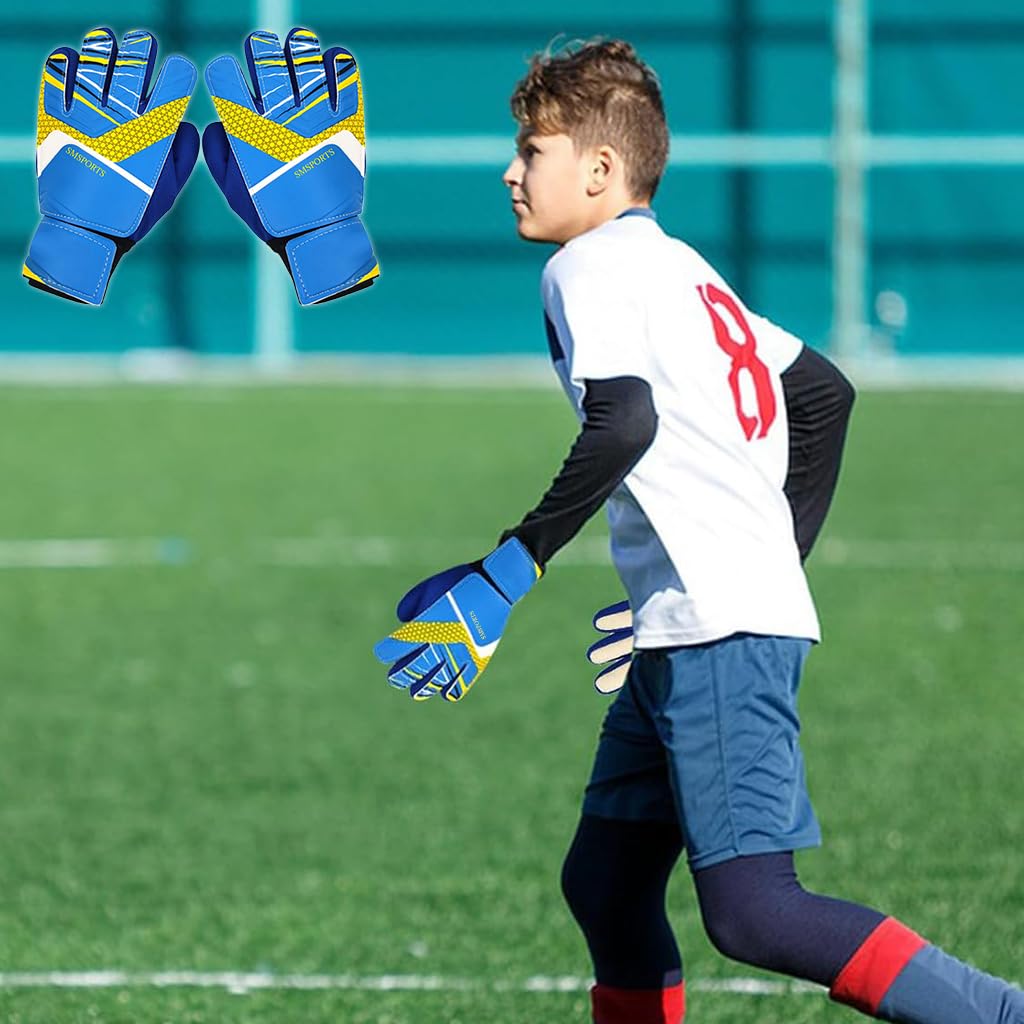 Proberos Football Goalkeeper Gloves for Kids with Anti Slip Latex Palm and Size 7 Fit | Blue Youth Soccer Training