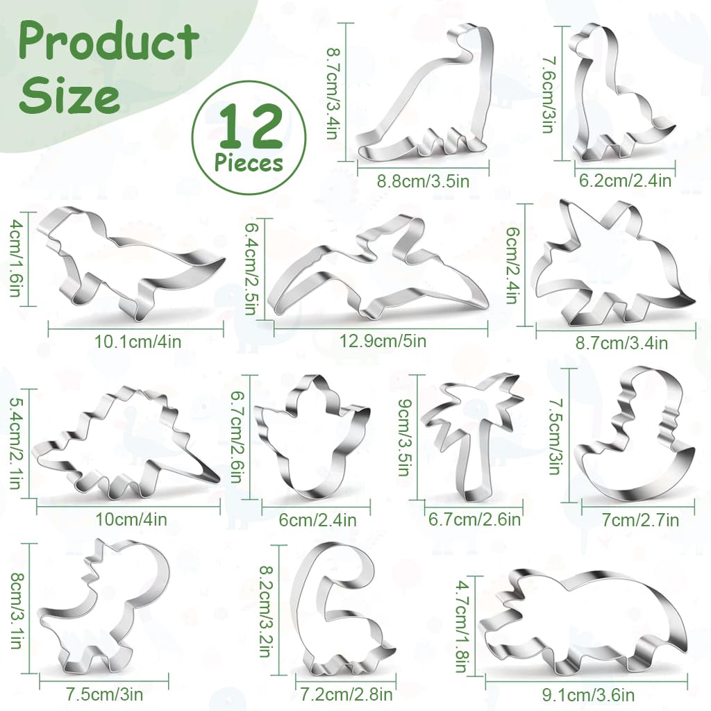 HASTHIP Dinosaur Cookie Cutters for Kids with 12 Cartoon Shapes and Stainless Steel Material | Fun Group Baking Set