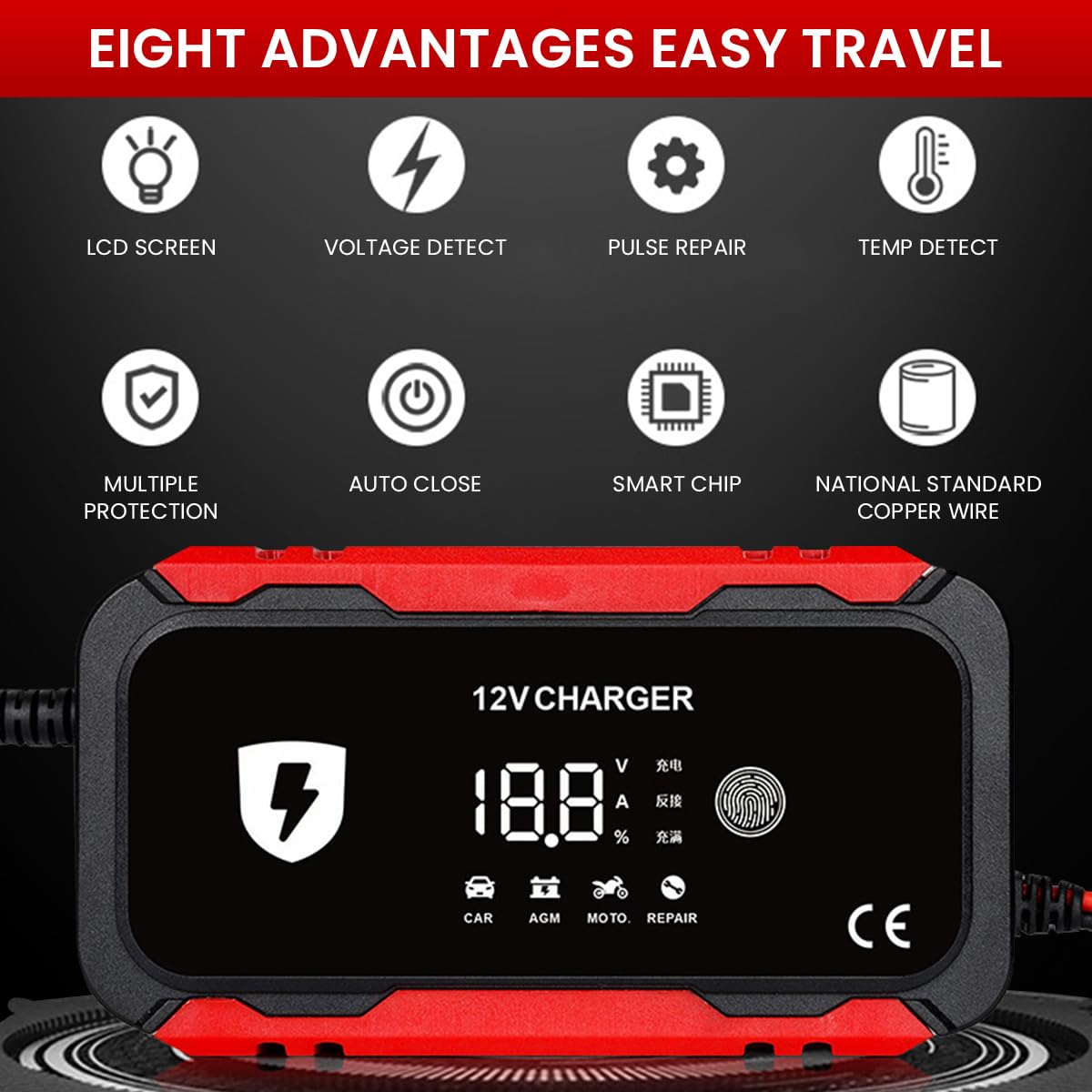STHIRA Car Battery Charger for Cars Motorcycles and Boats with 12V 6A Smart Pulse Maintenance | Touch Screen LCD Display