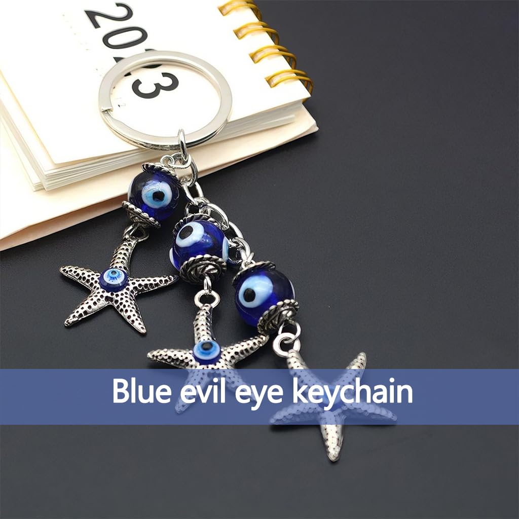 Zibuyu Creative Blue Evil Eye Keychain with Starfish Design Alloy and Colored Glass | Protective Charm for Keys Cars Bags and Home Decor