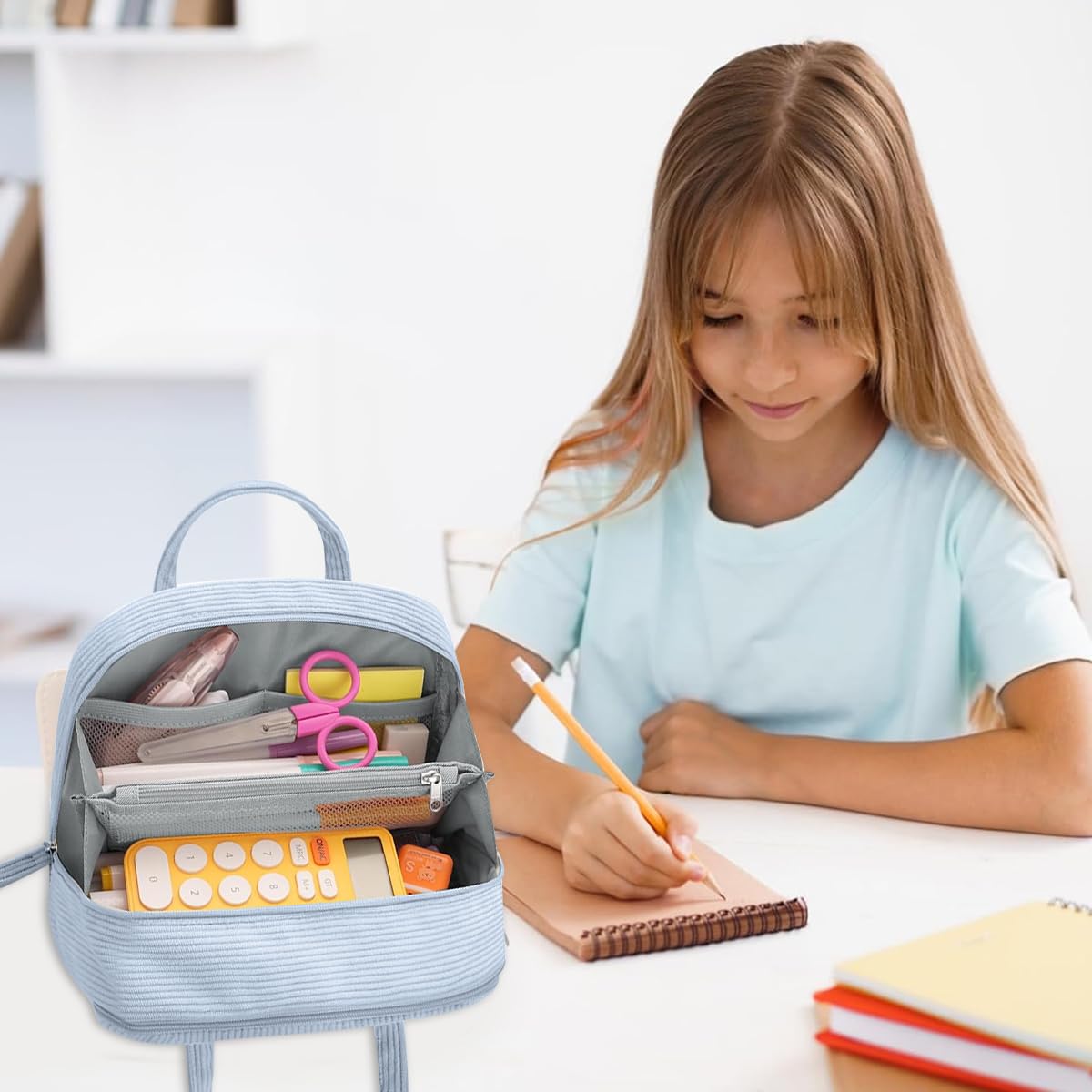 Climberty Pencil Pouch with 5 Compartments and Portable Handle, 9.05×7.4×2.8 in Corduroy Case for Girls Boys | Blue School Supplies Organizer