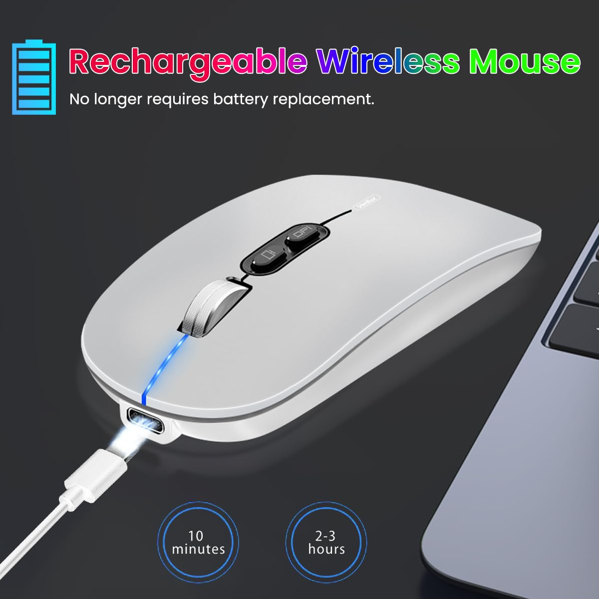 Verilux Wireless Mouse Rechargeable with Visible Battery Level 3 Modes 1600DPI Silver | for Laptop Mac PC iPad
