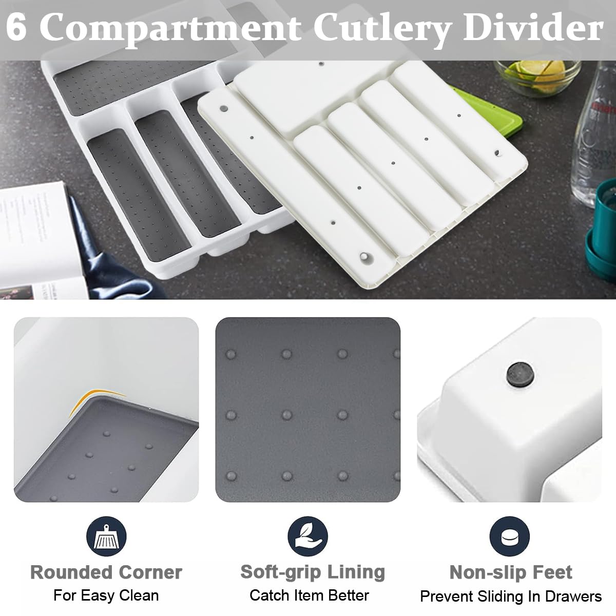 Supvox Cutlery Tray for Kitchen Drawer with 6 Compartments 15.7×11.2 in BPA Free PP Organizer