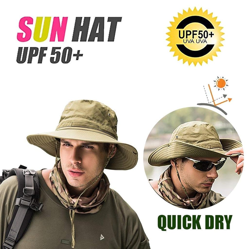 GUSTAVE® Men Synthetic Sun Hat Wide Brim Summer Cap UV Protection Fishing Beige Free Size 2PCS