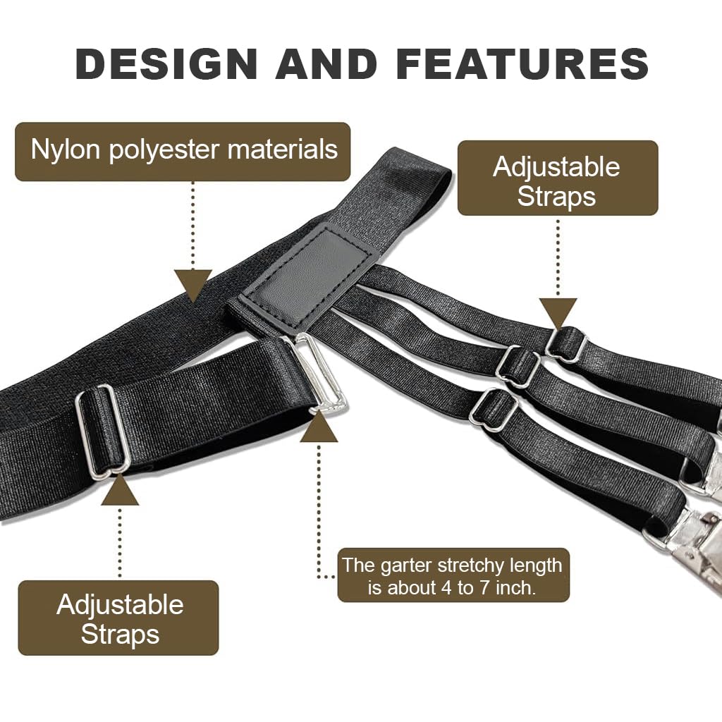 GUSTAVE Shirt Stays for Men featuring Elastic Adjustable Garters and Secure Clip Design