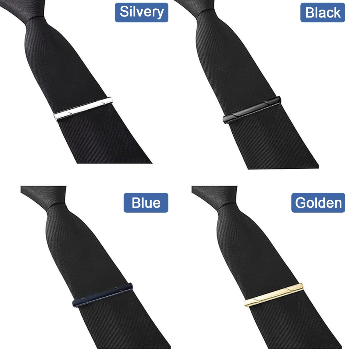 Venzina Tie Clip Set for Men with 4 Metal Clasps in Blue Black Gold and Silver | Gift Box