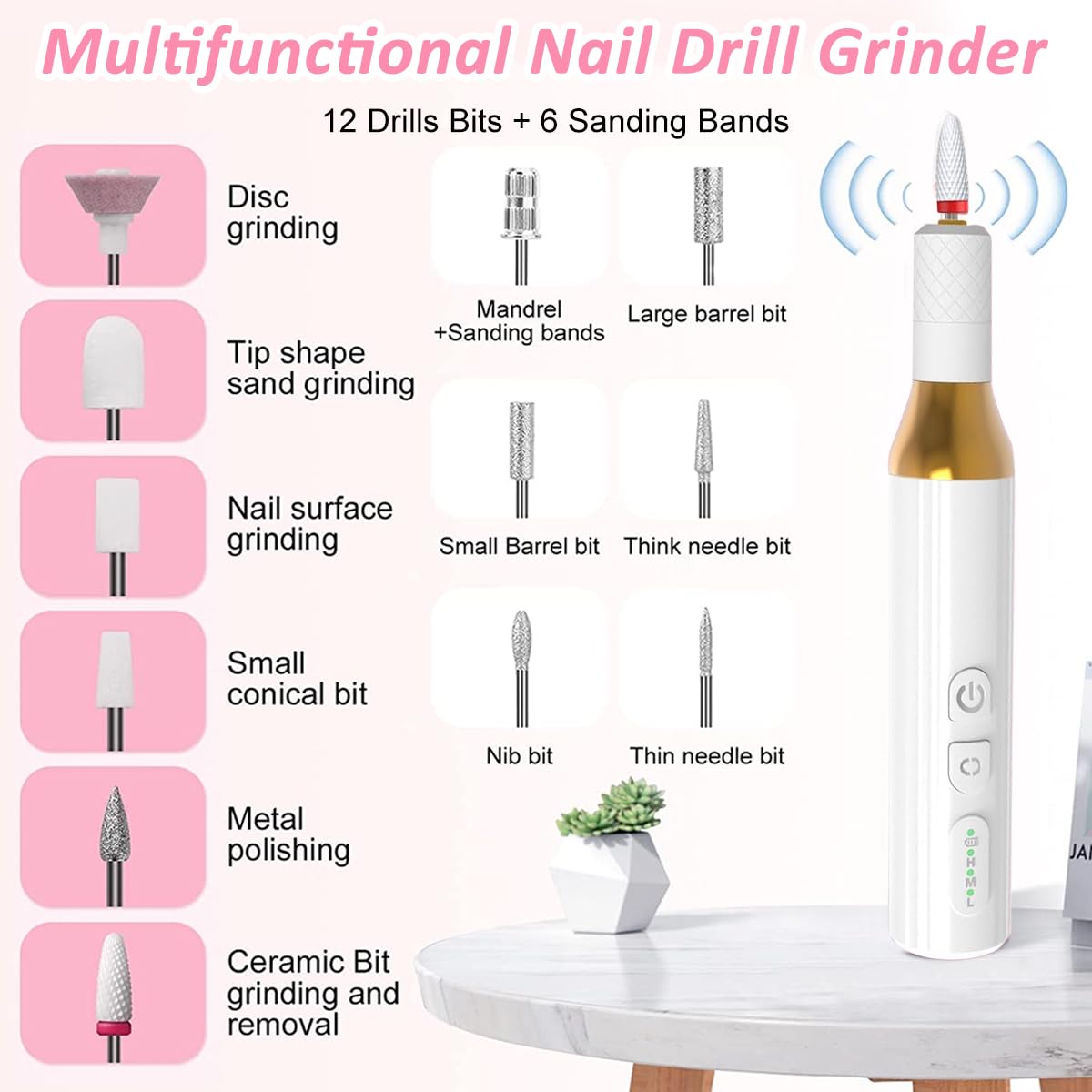 MAYCREATE® Nail Drill,Cordless Electric Files for Gel Nails Efile Manicure Kit Women Rechargeable Wireless Drill para Uñas Profesional Machine