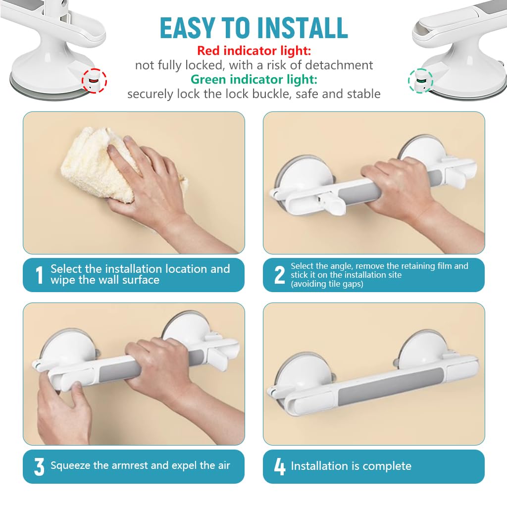 HANNEA Bathroom Grab Bar for Shower Safety with 12.9 in Length and Strong Suction Cups | Anti Slip Handle for Bathtub and Elderly Support