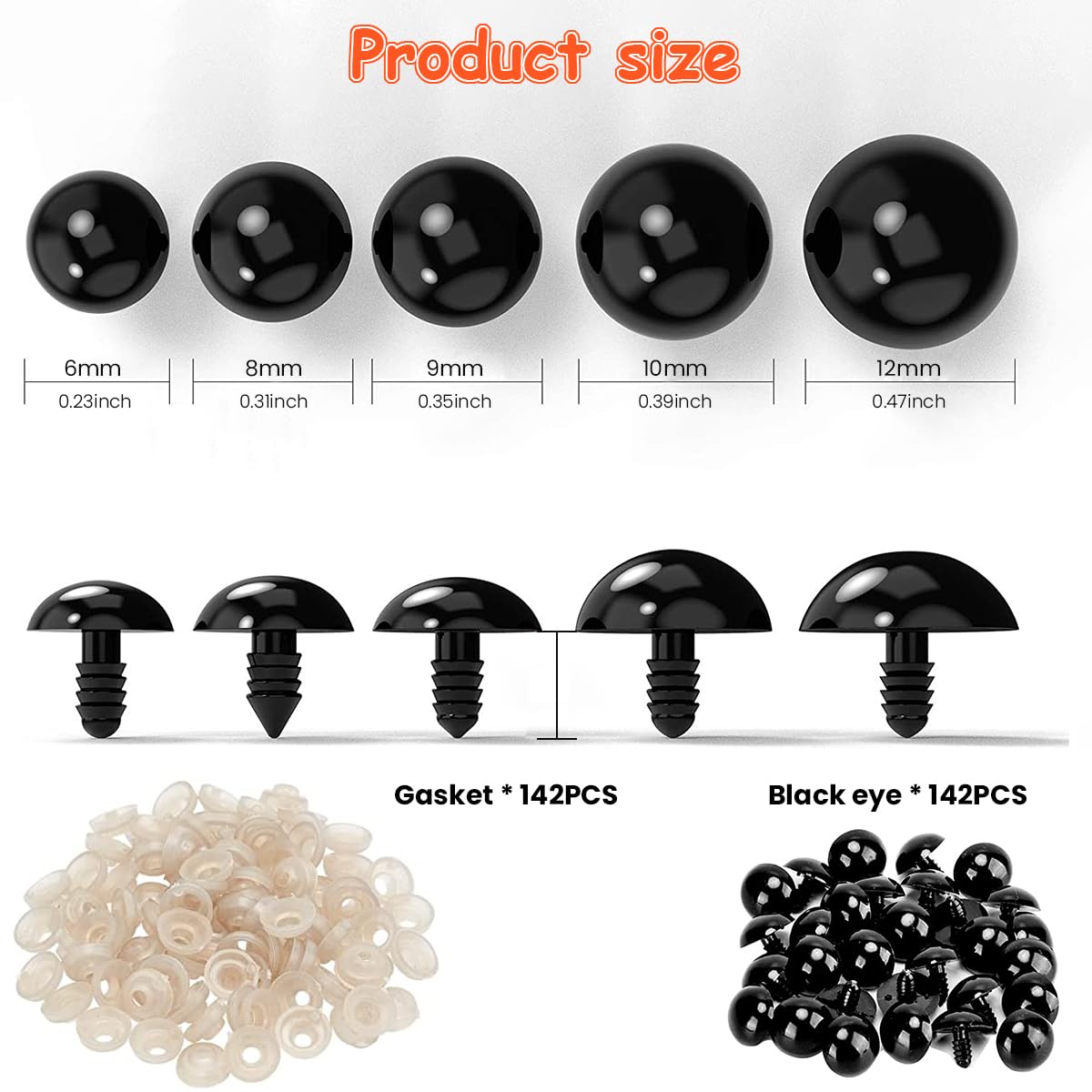 ZIBUYU Safety Eyes for Doll Making with Washers 142 pcs Assorted Sizes Black Plastic | DIY Crafts