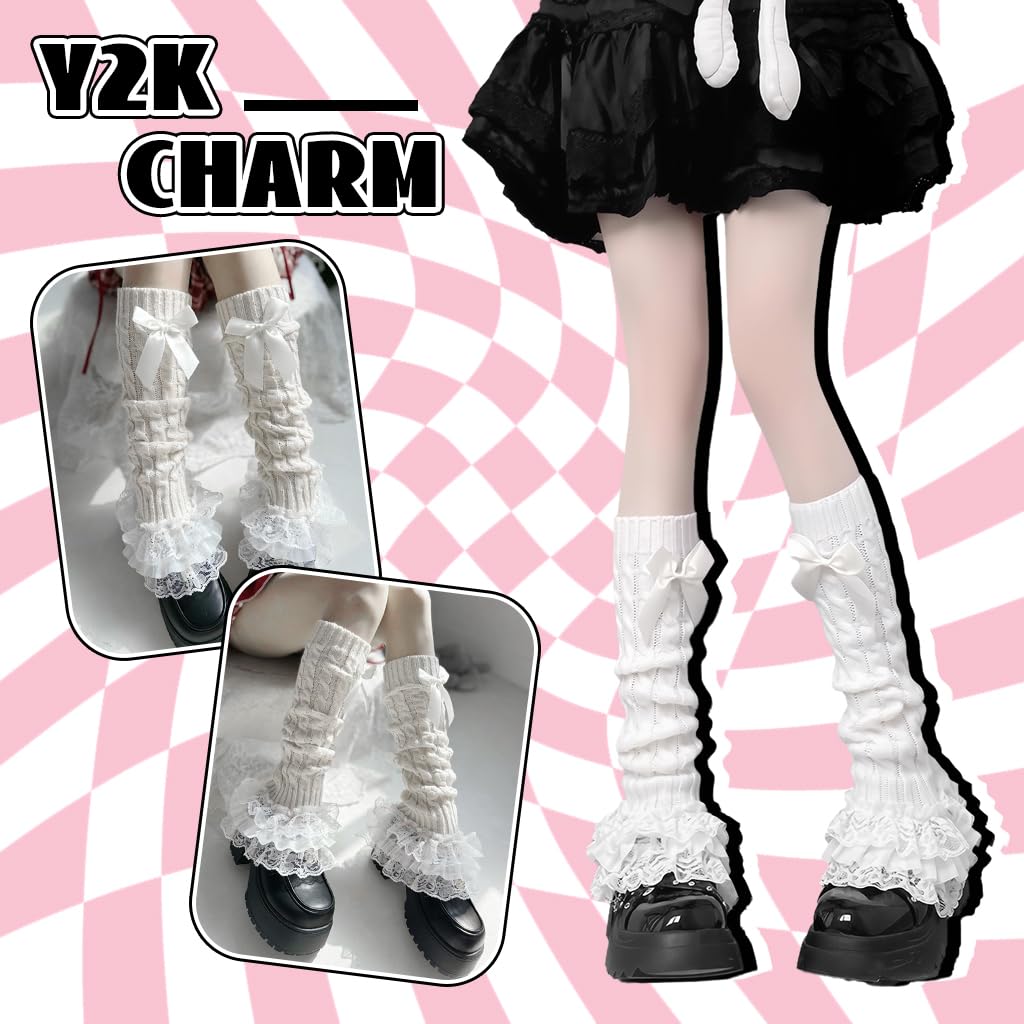 SANNIDHI Leg Warmers for Women featuring 18 in Knit Design with Bow and Floral Lace Trim