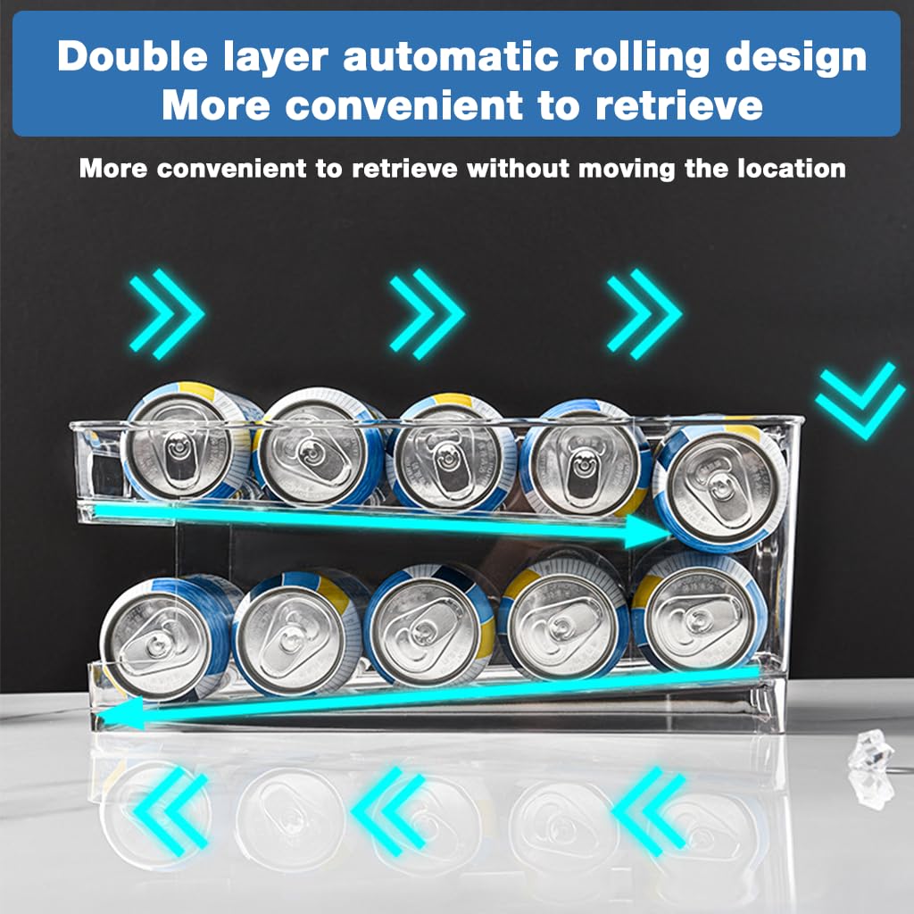 Zibuyu Rolling Beverage Can Rack Organizer for Fridge and Pantry featuring Dual Layer Slide‑Down Design with Clear PET Construction
