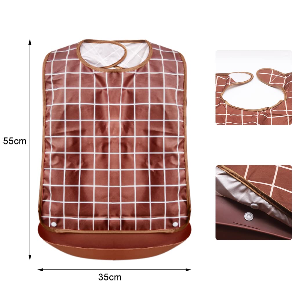 HANNEA Adult Bibs, Waterproof Adjustable, Long Style with Leakproof Pocket Adult The Eldly Bib Adult Washable Dining Bibs for Men, Women Eating Cloth for Elderly Seniors and Disabled (Brown)