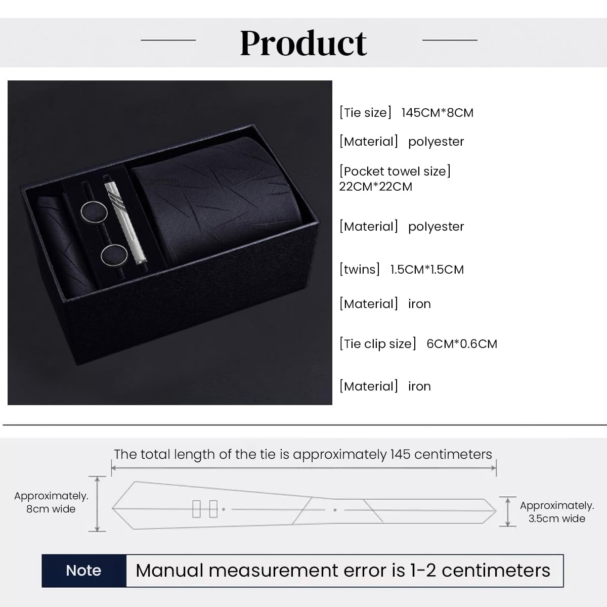 GUSTAVE Tie for Men Set with Pocket Square Cufflinks and Tie Clip in Black | Formal and Casual Gift