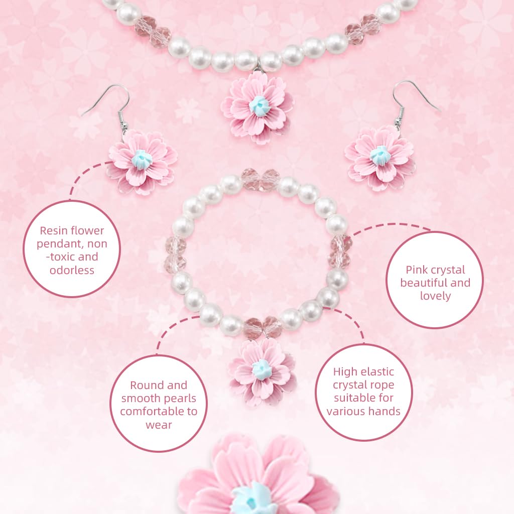 SNOWIE SOFT® Jewellery Set For Girls, Cute Flower Pearl Princess Kids Jewelry For Girls 4pcs Kids Jewelry Set Include Necklace Bracelet Earrings And Rings -Ideal Gift Set For Girls Birthdays & Parties