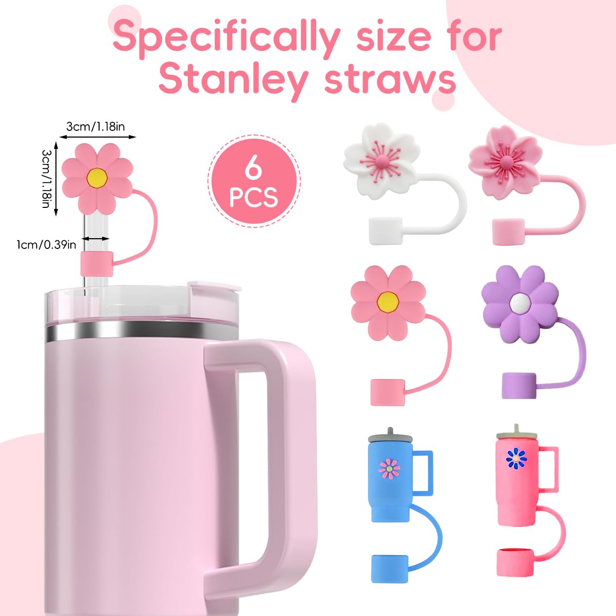 ZIBUYU Straw Cap for Stanley Cup featuring Anti Lost Loop and 6pcs Soft Silicone Tips | Cute Floral Dustproof Covers for 10mm Straws