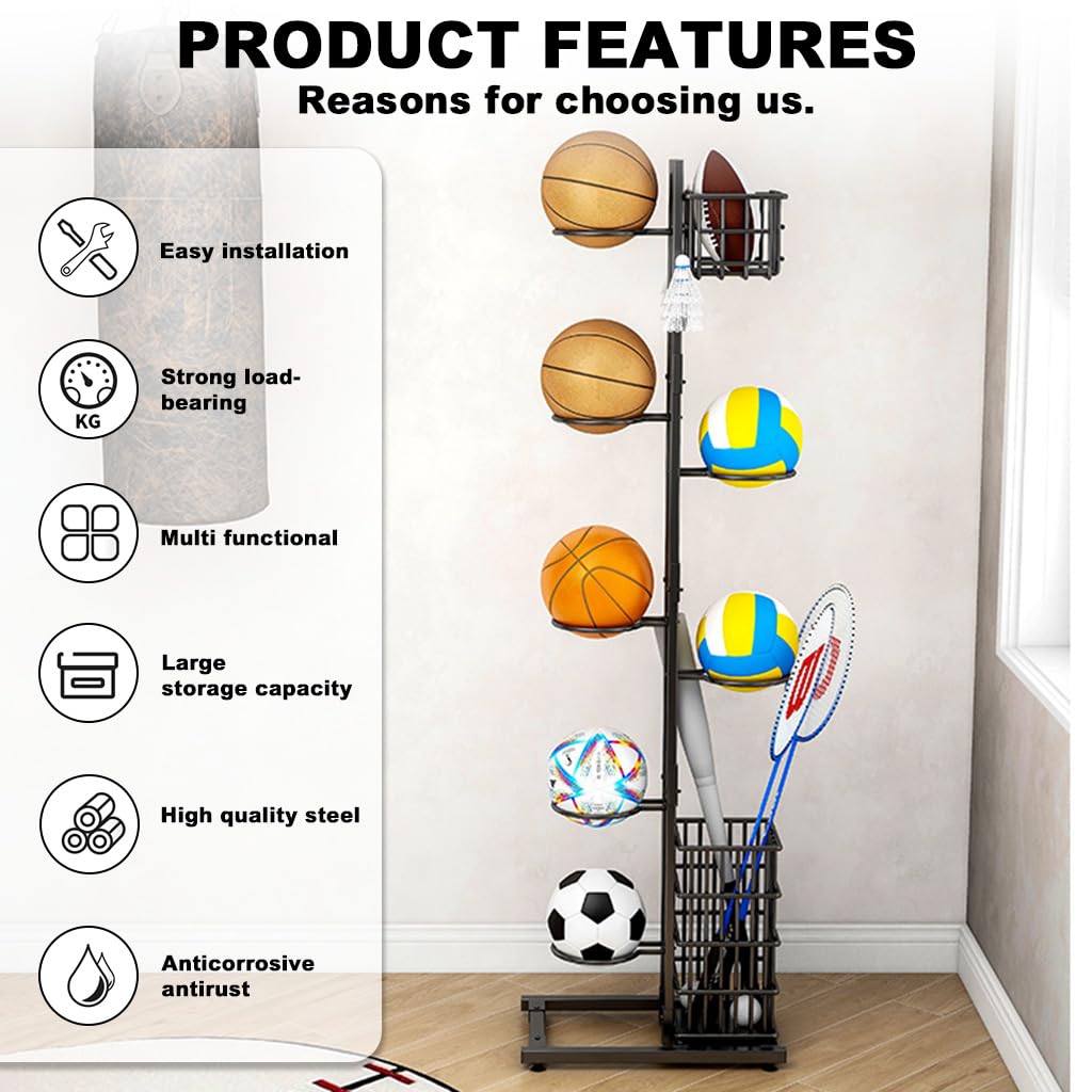 Proberos Ball Stand Organizer for Multi Sport Storage with 7 Brackets and Basket featuring Suction Cup Base | 1.2mm Carbon Steel Frame