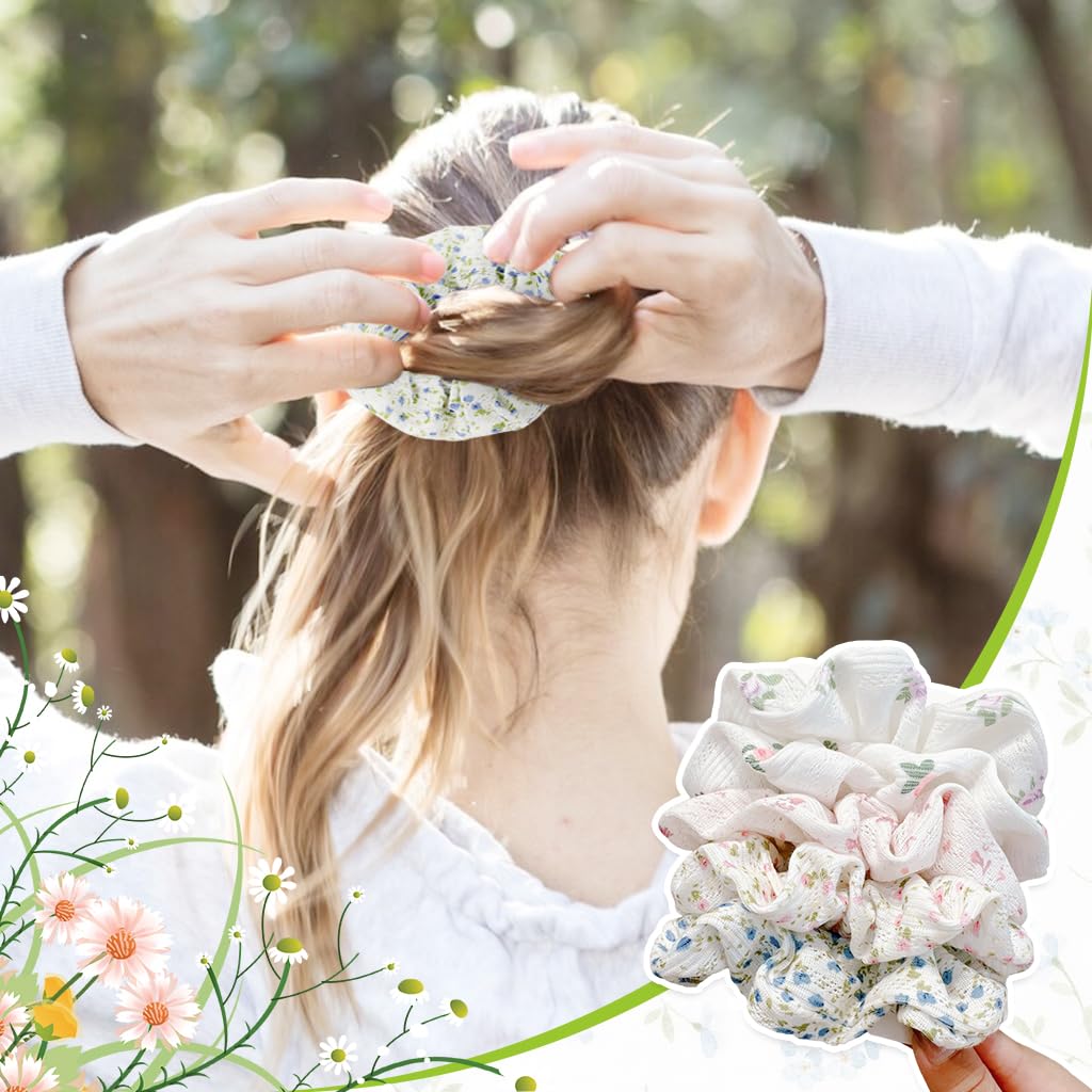 ZIBUYU Floral Hair Scrunchies for Women with Elastic Rubber Band and Soft Cloth | 5Pcs Set