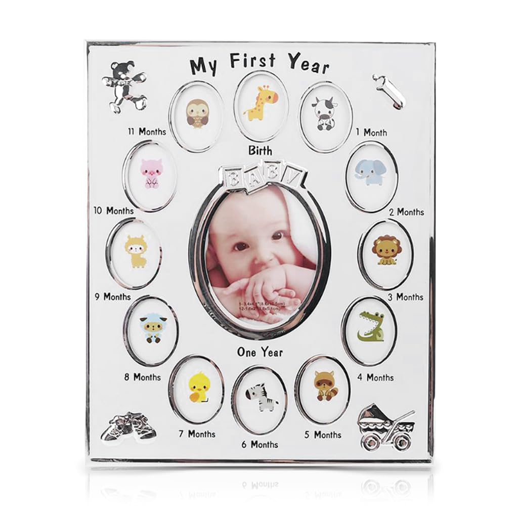 SNOWIE SOFT® Baby Milestone Photo Frame First Year Milestone Picture Frame, Baby's First Twelve Months Photo Safekeeper Photo Frame, Ideal for Baby Shower, New Born Gift, Silver, 23x28cm