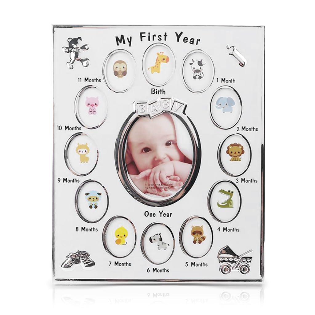 SNOWIE SOFT Baby Milestone Photo Frame for First Year Memories with 12 Monthly Slots | Silver 23x28 cm Keepsake Gift