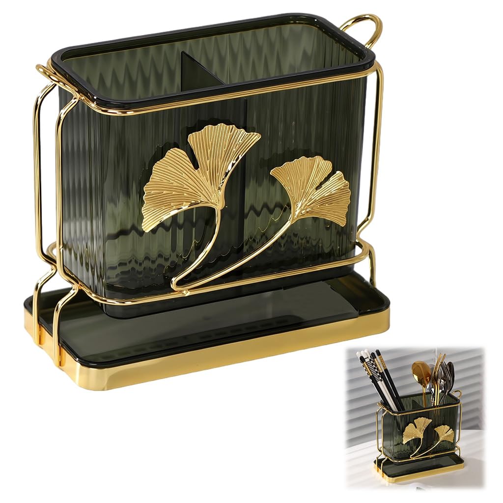 Supvox Cutleries Organizer for Kitchen with Dual Compartments and Drip Tray 17x8x16cm Green