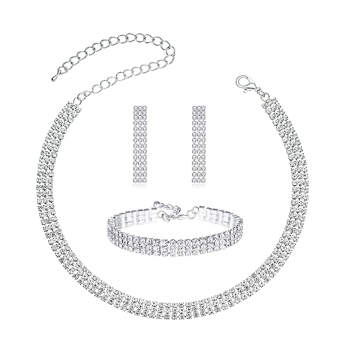 SANNIDHI Necklace Jewellery Set for Women with 12''+4.5'' Choker and Rhinestone Earrings | Adjustable Bracelet Gift Set