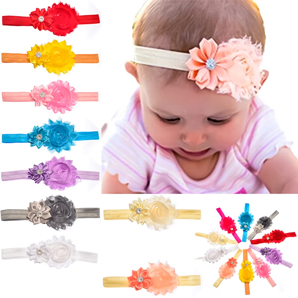 PALAY  Baby Girls Hairband Pearl Crystal Rhinestone Flower Bow Lace Band Elastic Baby Headbands for Baby Girl, Pack of 10 - Multicolor