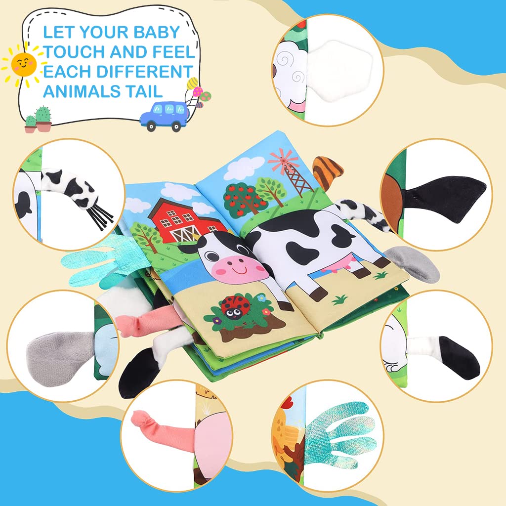 SNOWIE Soft Cloth Book for Early Baby Development with 6 Pages and 3D Farm Animal Tails | Yellow