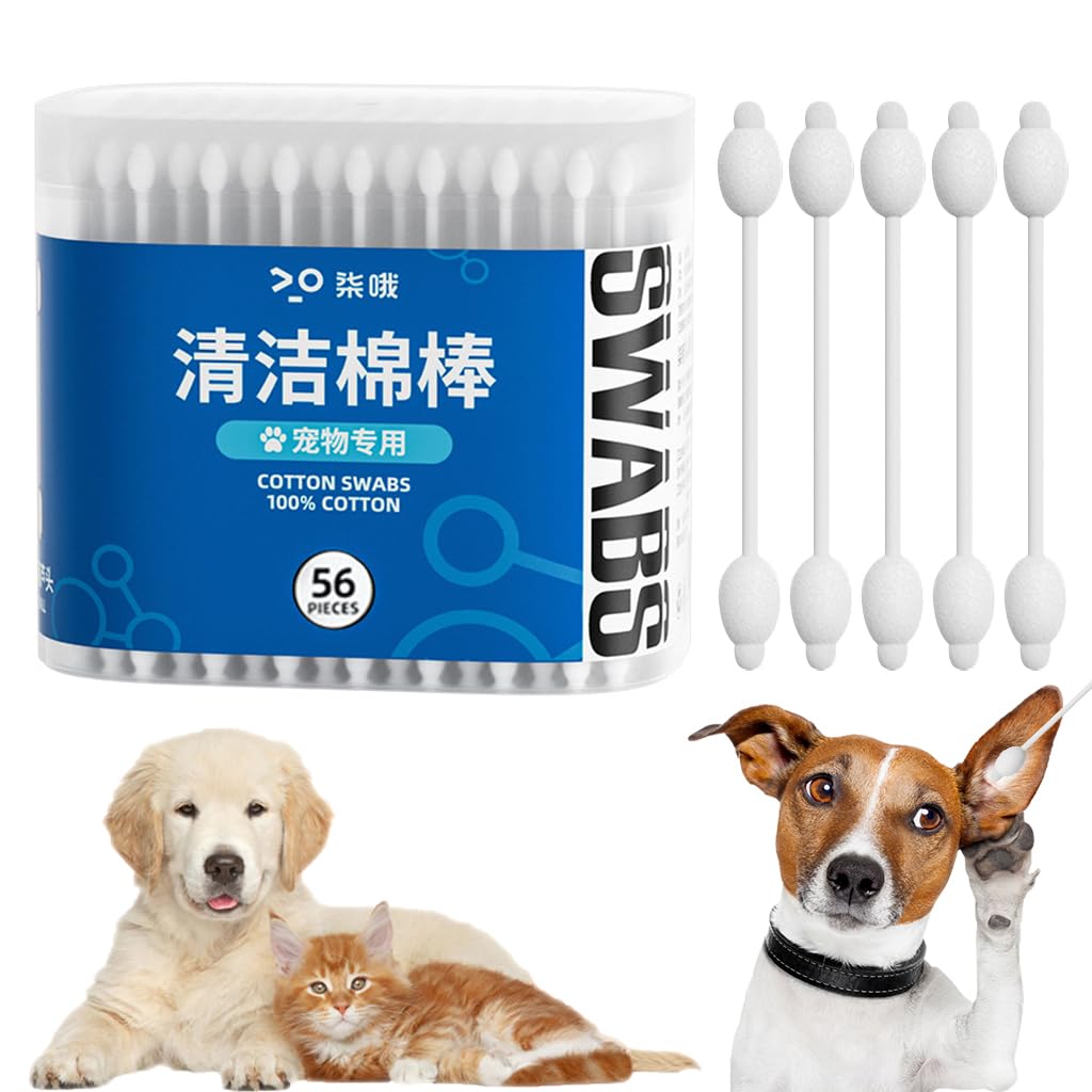 Qpets Pet Ear Cleaning Buds for Cats and Dogs with Dual Gourd Heads 56 pcs Cotton Swabs | Safe Ear Hygiene