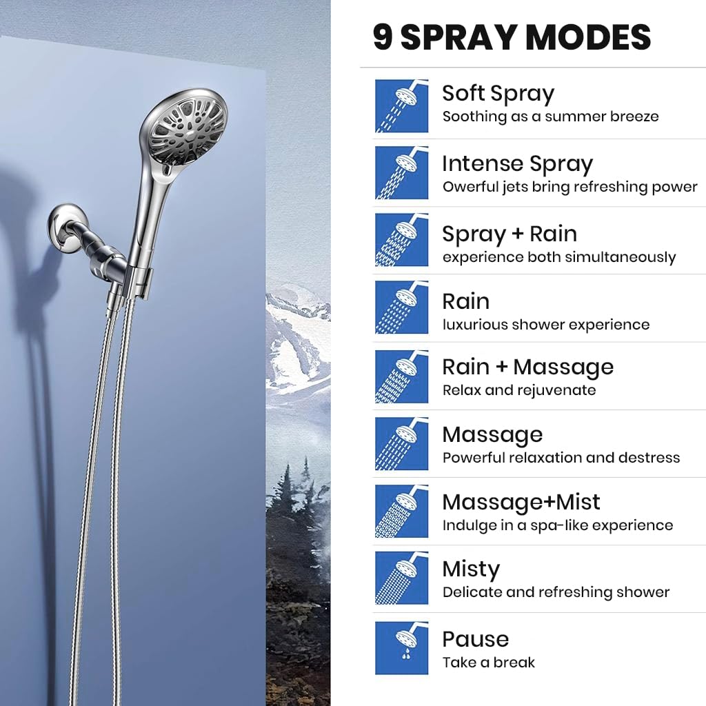 HASTHIP Hand Shower for Bathroom with 9 Spray Modes and 60 in Hose | Pressurized ABS Set