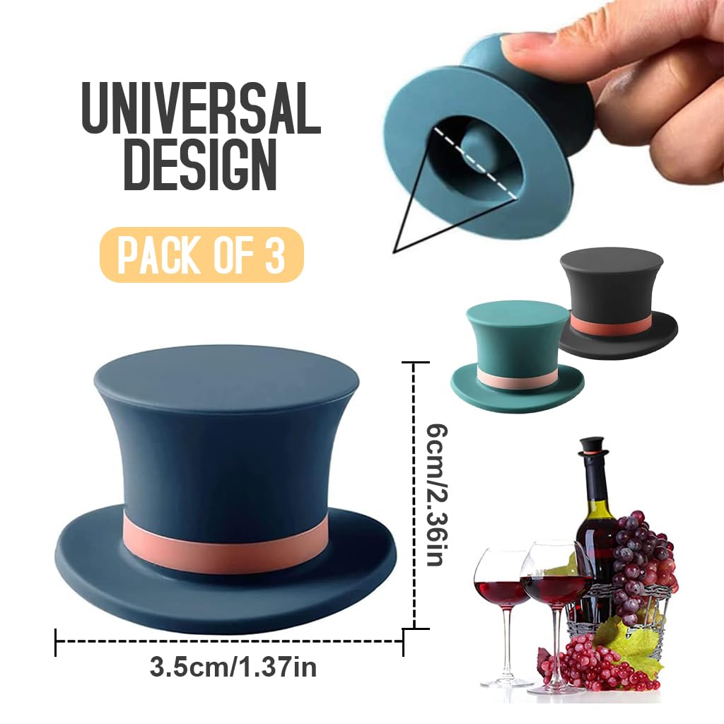 HASTHIP Wine Stoppers for Table Setting and Decoration featuring Hat Style Silicone | 3Pcs Reusable Universal Fit Plugs