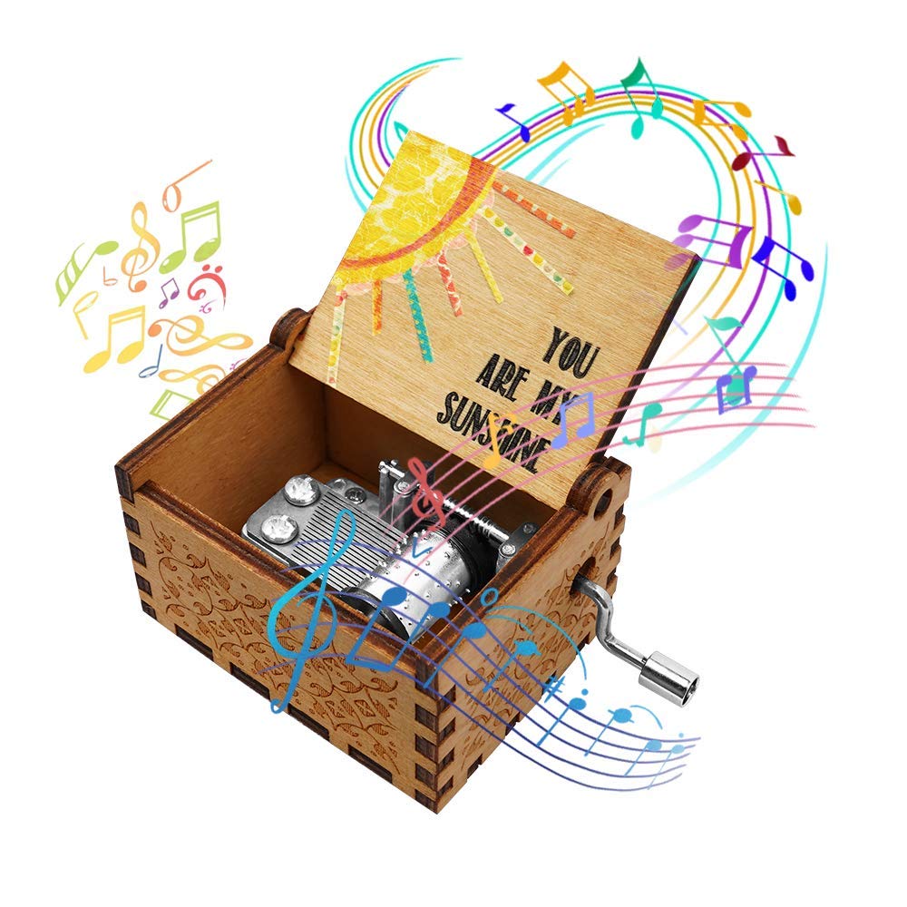 PATPAT Kid You Are My Sunshine Wood Music Box with Hand Crank Engraving for Mother’s Day Gift