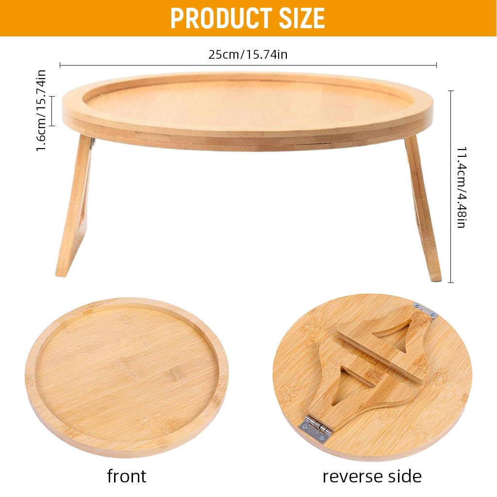 HASTHIP Sofa Armrest Wooden Tray for Snacks and Work with 25cm Dia Foldable Stand | Natural Bamboo Table
