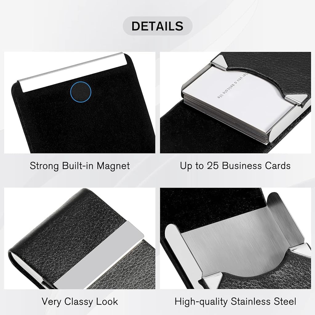 ZIBUYU® Business Card Holder Metal Visiting Card Case Classy Card Holder for Women & Men PU Leather Wallet Card Case with Metal Magnetic Clasp, 20 Cards (6x9.5cm) - Black