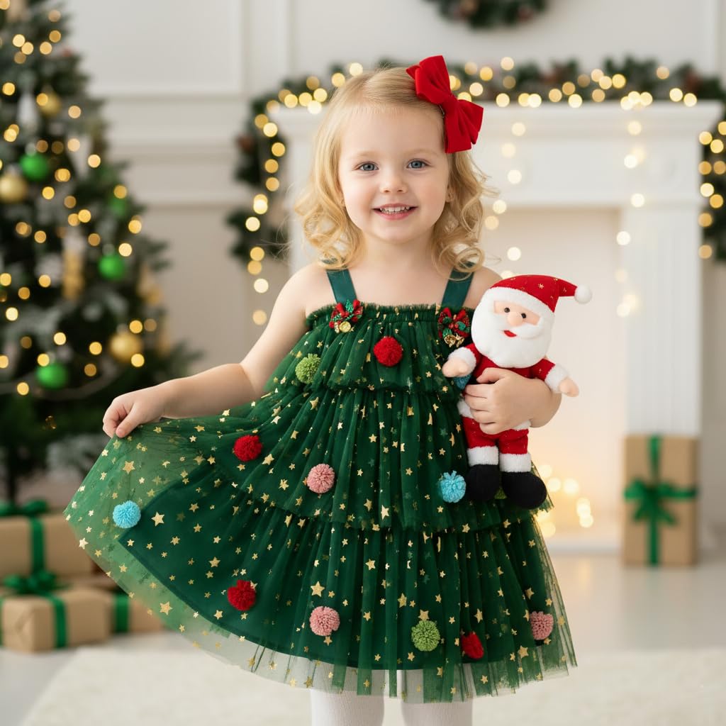 PATPAT Toddler Girls Christmas Party Dress with Tulle Layers and Gold Stars | Green 3-4 Years
