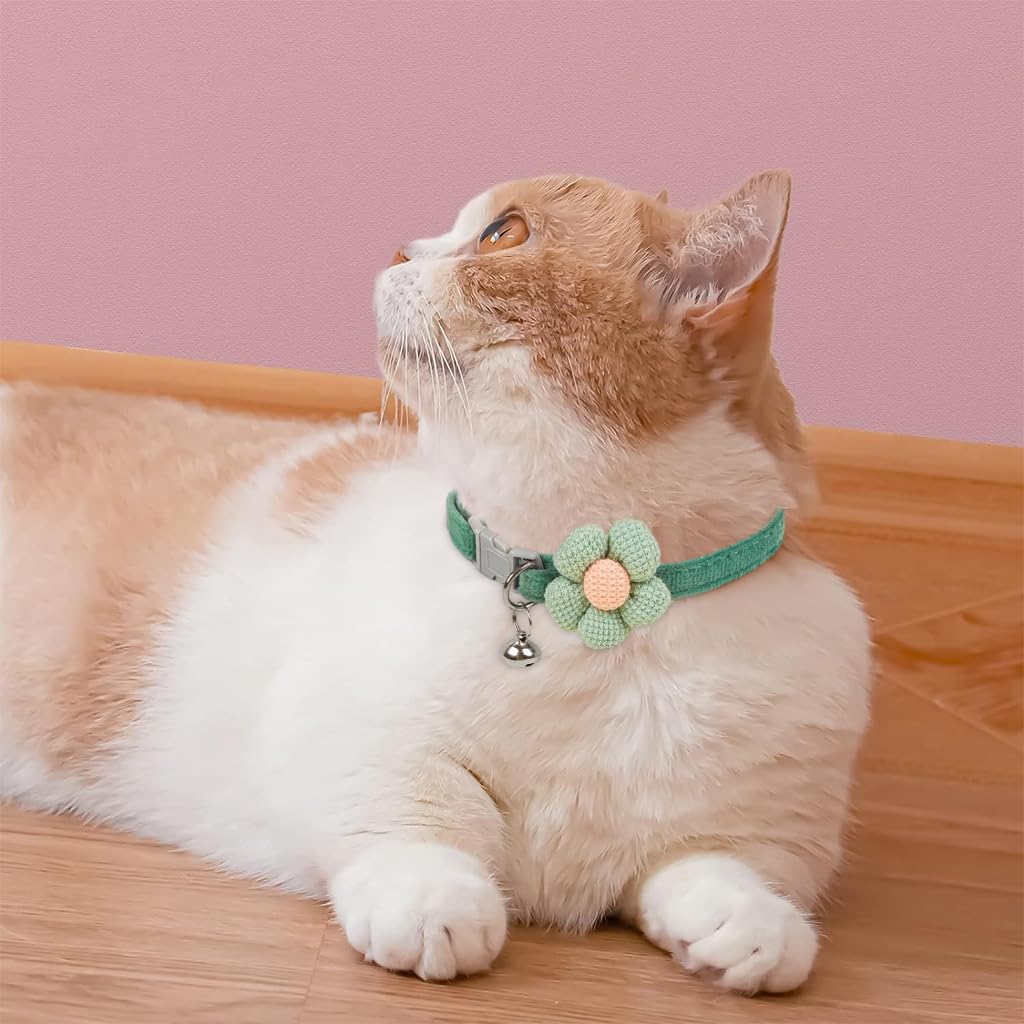 Qpets Cat Collar with Crochet Flower and Bell featuring Quick Release Soft Plush | Green 2PCS