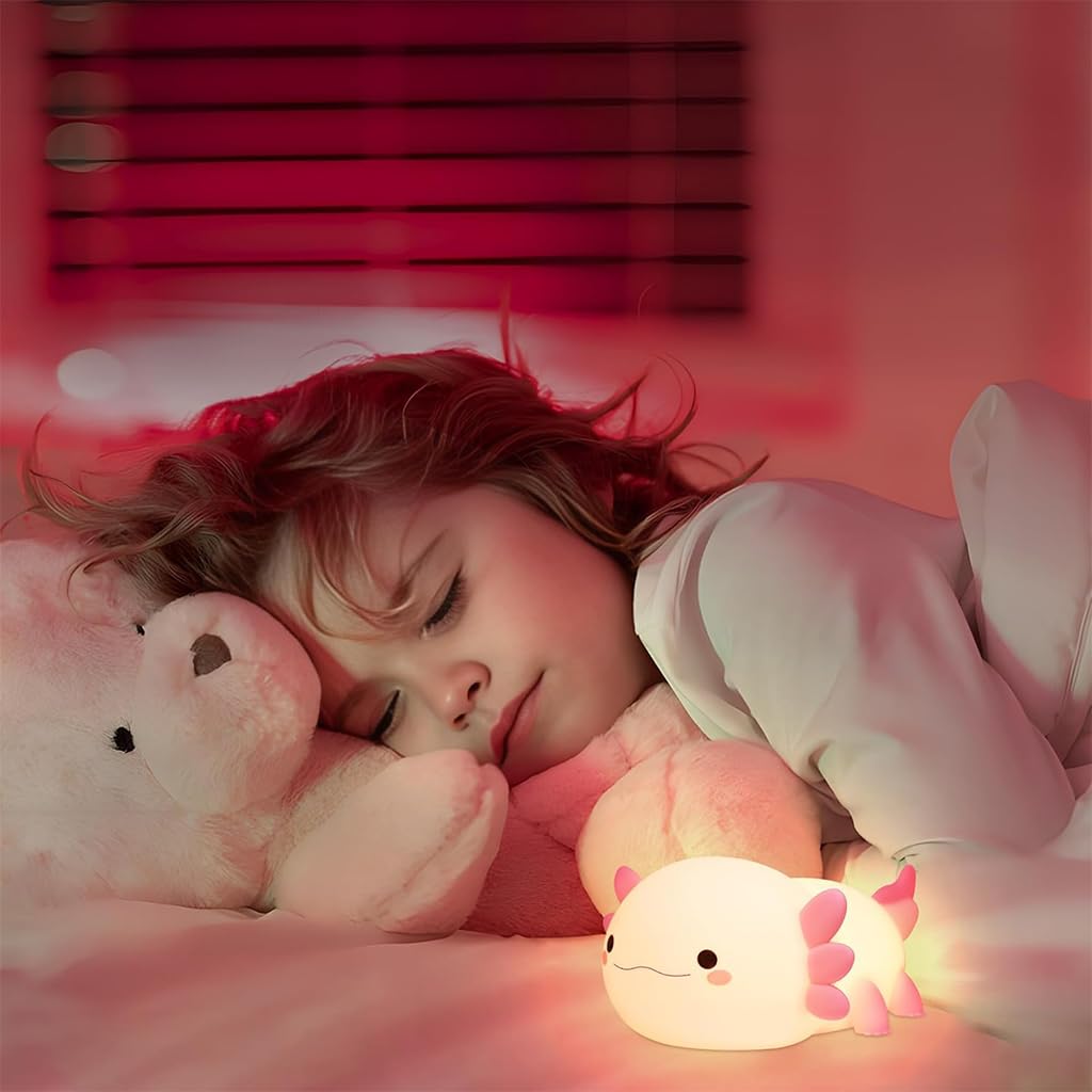 ELEPHANTBOAT Axolotl Night Lamp for Kids with 15min Auto Off Timer and Soft Silicone Light | USB Rechargeable LED Bedside Lamp