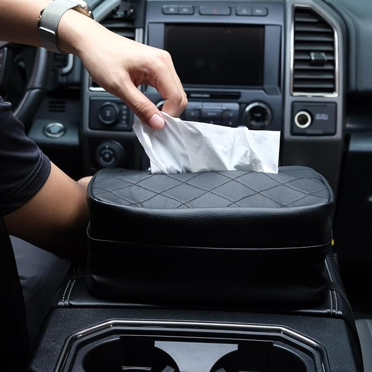 STHIRA Car Tissue Box for Backseat with Adjustable Strap and Quick Release Buckle | 21x12x06cm PU Leather Holder