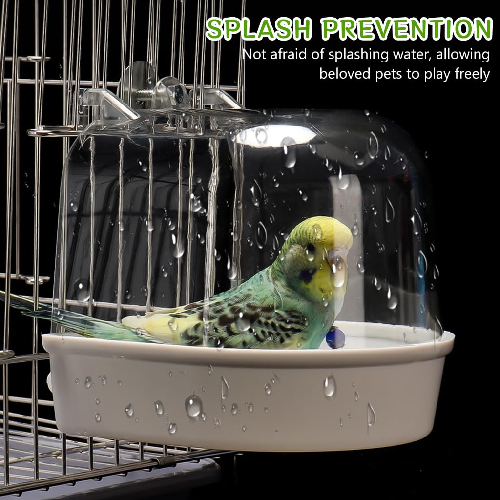 Qpets® Bird Bathing Box for Cage Clip On Bird Bathing Bowl with Transparent Roof, Anti-Splash Bird Bathing Tub Plastic Bird Bathing Box for Cage with Water Inlet Hole (14 * 14 * 13CM)