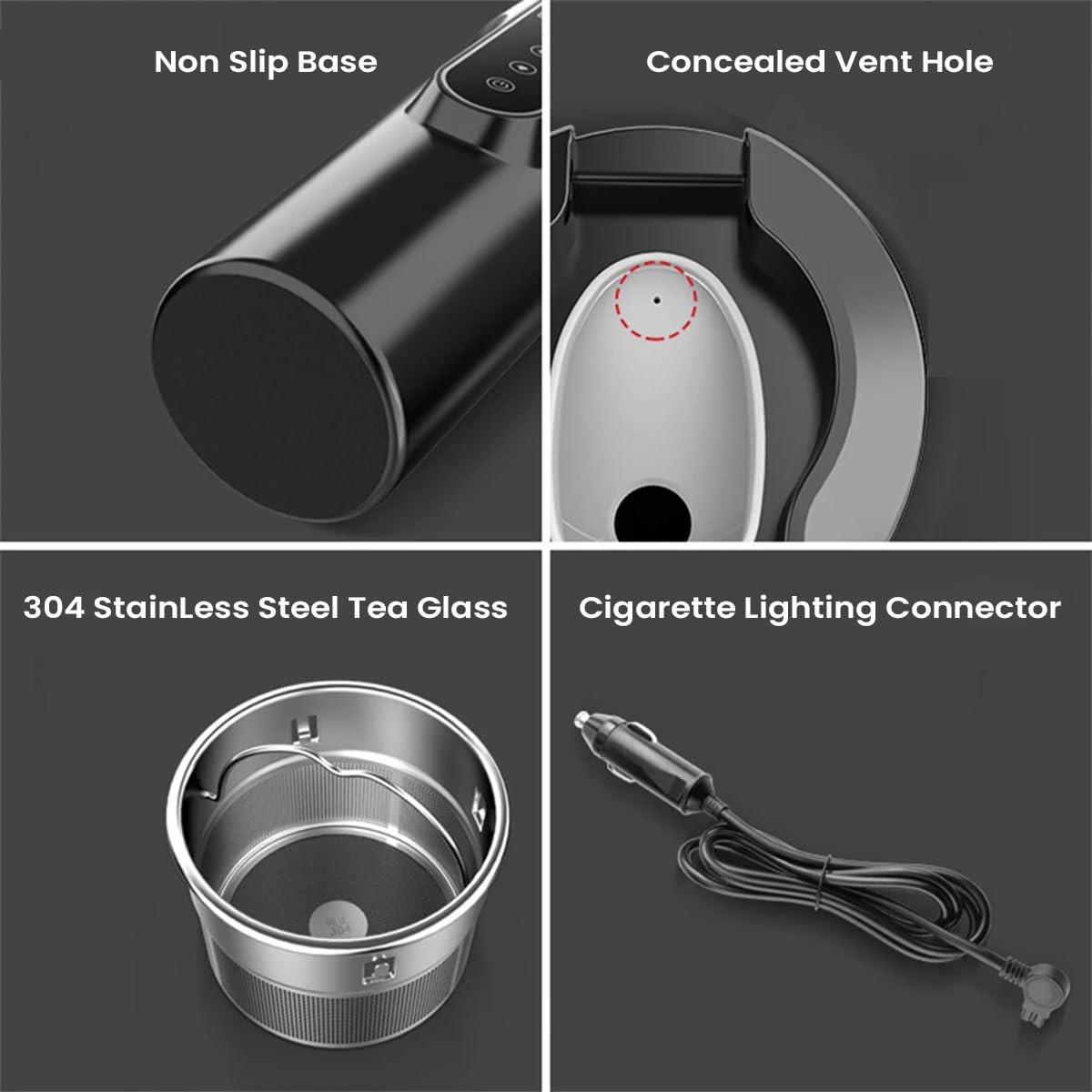 HASTHIP Car Electric Kettle 450ml for 12 24V Vehicle with LCD Temperature Display | 304 Stainless Steel Leak‑Proof Design