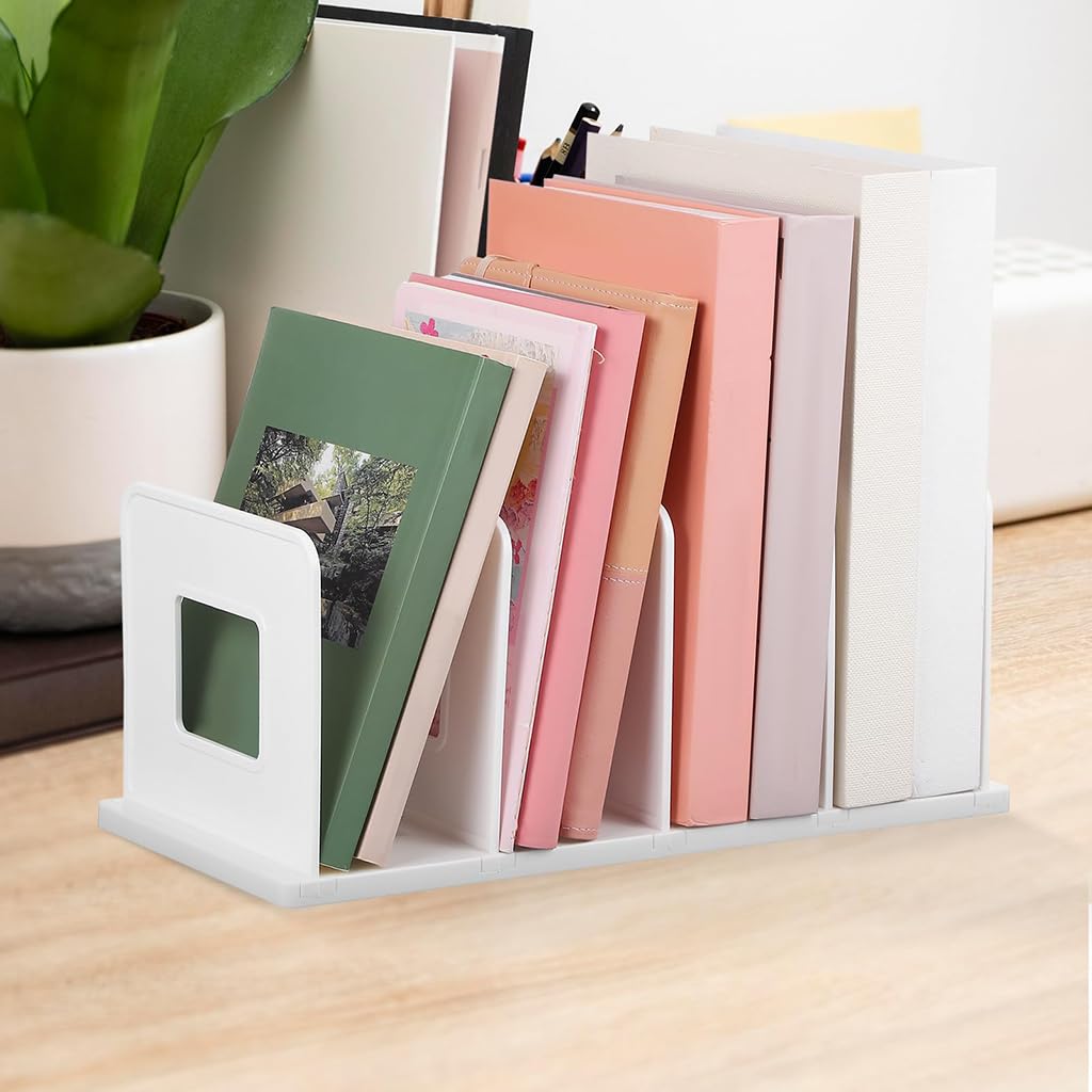 ZIBUYU Decorative Book Stand for Desk and Office with 4 Compartments 13.8×5.9×5.7 in Milky White