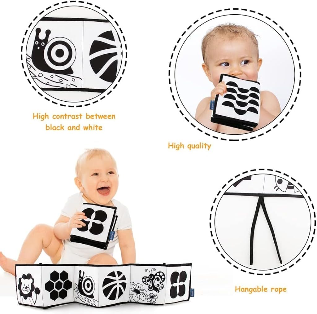 SNOWIE SOFT® Black & White Cloth Book, High Contrast Baby Toy for 0 to 12 month, Infant Tummy Time Toy, Folding Sensory Educational Activity Toy, Touch and Feel Crinkle Waterproof Soft Book for Toddler