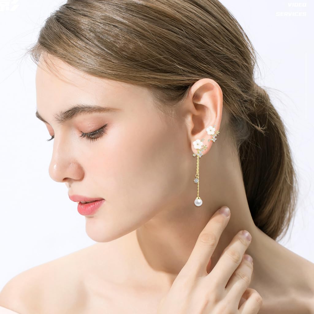 SANNIDHI Dangle Pearl Drop Earrings for Women featuring Floral CZ Charm & 14K Gold Chain