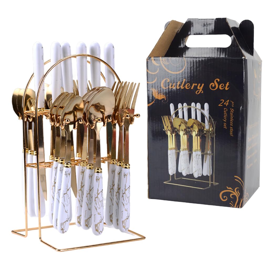 ZIBUYU® 24Pcs Cutlery Gift Set with Forks, Cutters, Spoons, Tea Spoons Golden Stainless Steel Cutleries with Cracked Pattern Handle Kitchen Cutlery Set for Festivals, Party, House Warming Gift